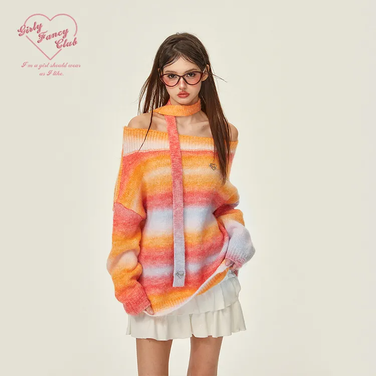 【沈佳润同款】GirlyFancyClub冬日多巴胺穿搭一字领斜肩彩虹毛衣