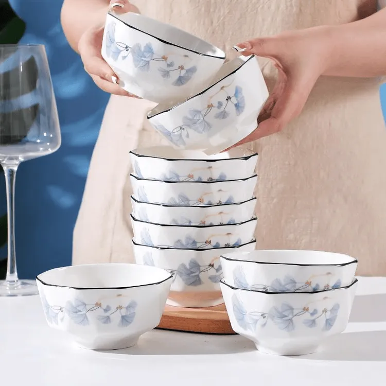 【陶园春】浪漫情缘5英寸碗10个装银杏叶钻石中式家用高温陶瓷碗