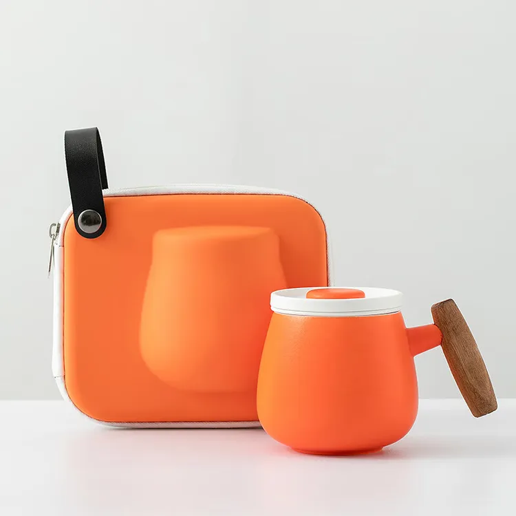 可爱轻奢带盖陶瓷泡茶办公杯纯色便携茶具茶水分离个人学生喝茶杯