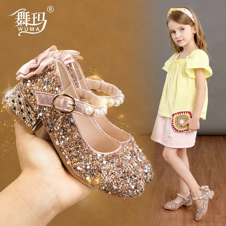 舞玛  女童春秋时尚公主烫钻舞台鞋珍珠蝴蝶结宝宝鞋软底2020611