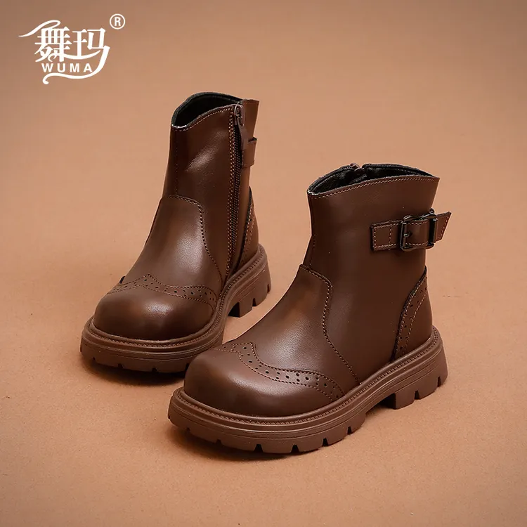 舞玛女童马丁靴儿童单靴短靴2025新款秋冬季英伦冬款二棉鞋234265