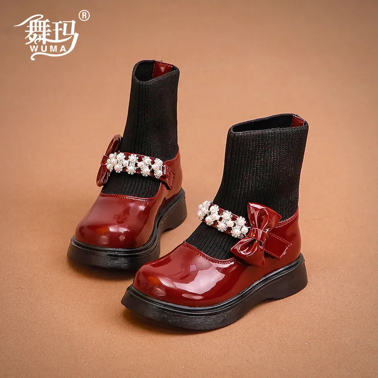 女童单靴2025新款秋季英伦风宝宝公主针织时尚洋气软底女童短靴