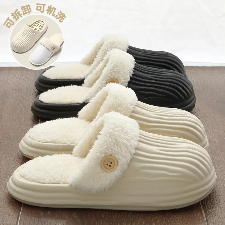可拆卸防水棉拖鞋女士冬天防滑外穿保暖加绒厚底毛毛拖鞋居家棉拖