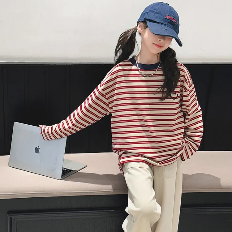 女童长袖t恤秋装2024新款儿童圆领条纹上衣女大童早秋时髦打底衫9