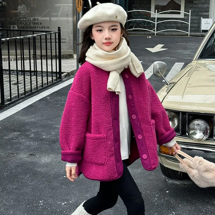 女童皮毛一体外套秋冬2024新款洋气加绒加厚中大童冬装羊羔毛毛衣