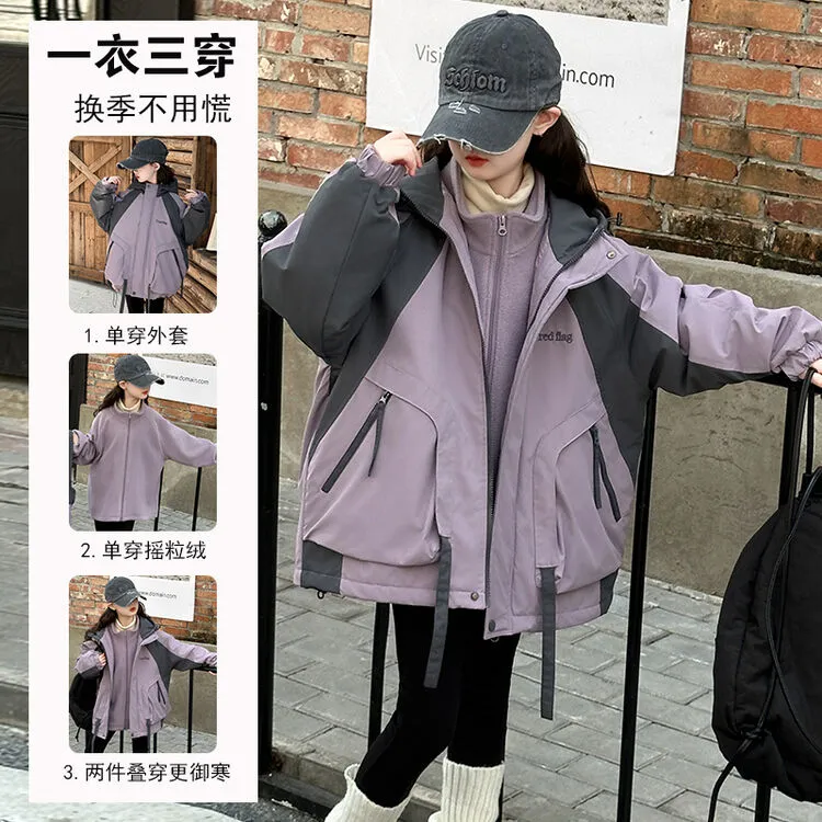 女童冲锋衣三合一夹棉秋冬装2024新款中大童连帽拉链外套加厚防水