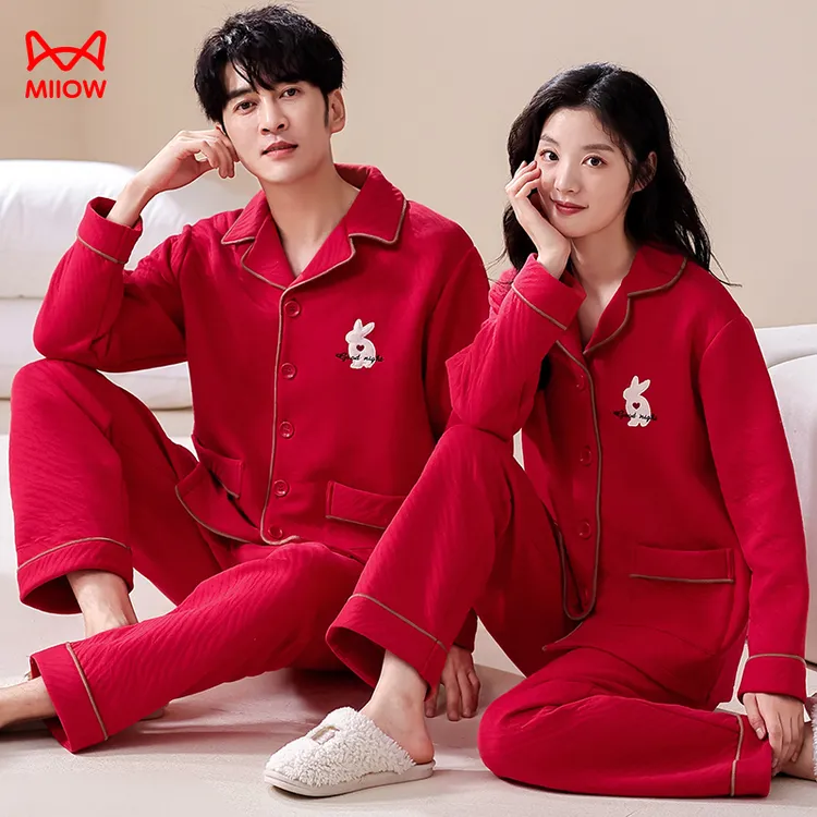 MiiOW/猫人秋冬300克纯棉夹层情侣睡衣红色舒适保暖男女士家居服