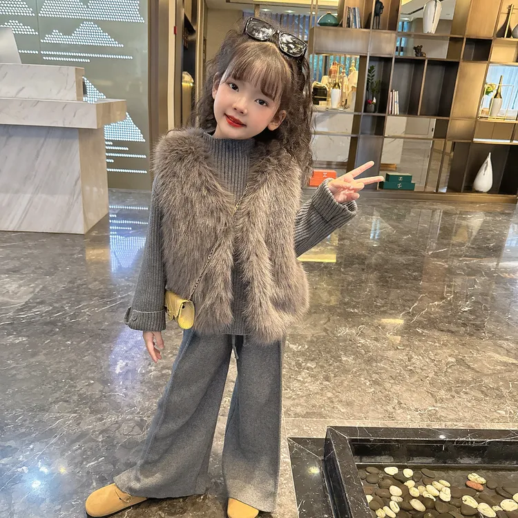 2025秋冬女宝宝洋气套装女童加厚气质套装毛毛马甲3件套韩版冬款