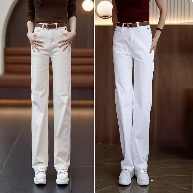 米白色窄版阔腿裤女春秋2025新款宽松显瘦直筒长裤高腰百搭牛仔裤