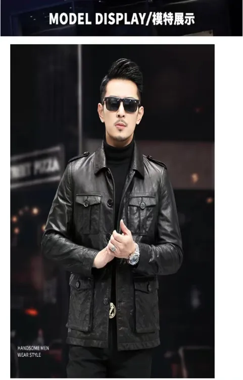 海宁油蜡小牛皮外套男士皮夹克猎装款真皮皮衣时尚潮流商务休闲款