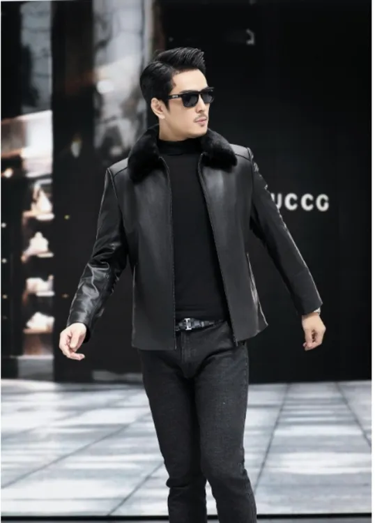 DK头层牛皮真皮皮衣男士可脱卸羽绒水貂翻领皮夹克加绒保暖秋冬装