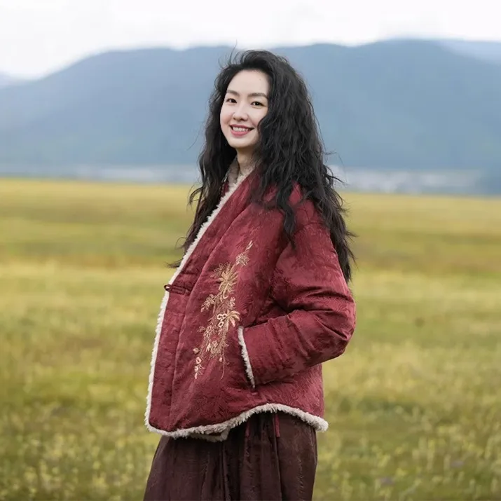 羽绒棉服外套国风刺绣民族风山红色夹棉棉衣复古设计棉衣冬装
