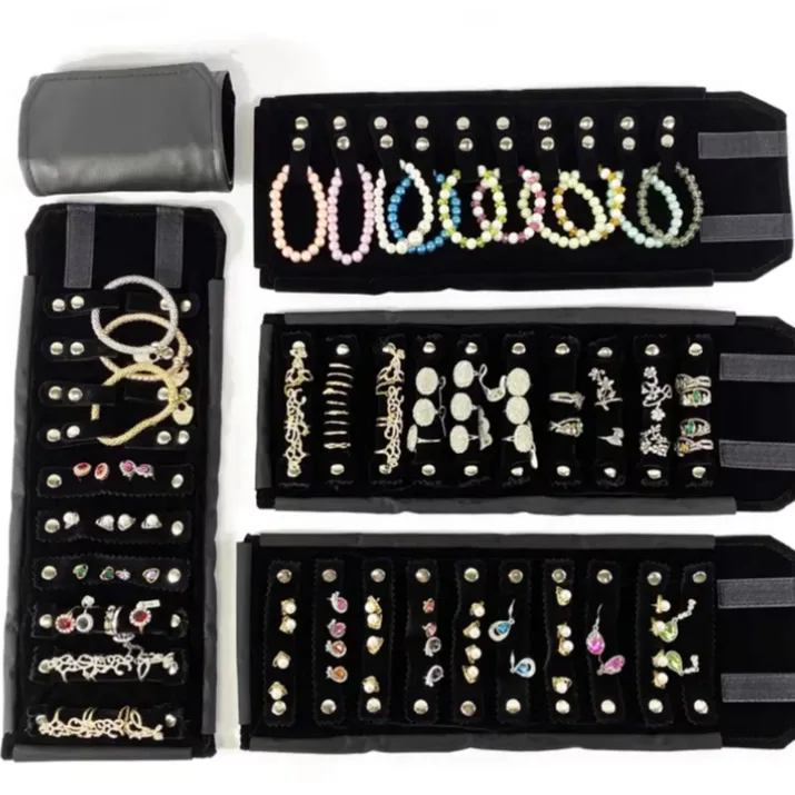 首饰袋 黑色PU皮珠宝首饰收纳小卷包戒指便携袋旅行手链陈列卷包