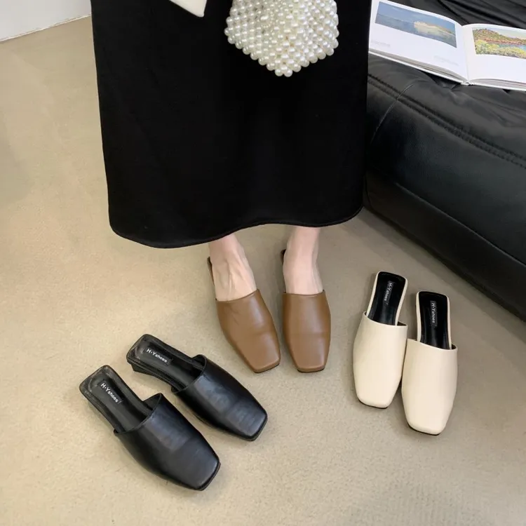 韩国东大门春季春夏女鞋网红平底小众设计感方头包头半法式女外穿