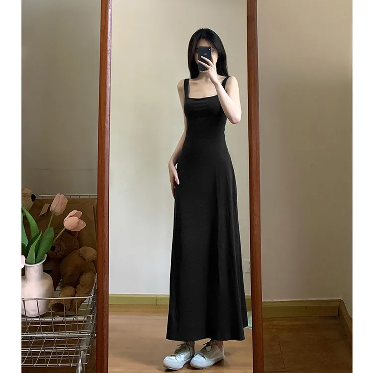 美式吊带背心拖地连衣裙女长款大码裙子修身紧身包臀黑色吊带长裙
