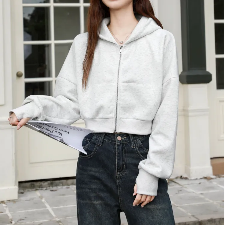 2025高腰运动卫衣加绒连帽开衫拉链外套女显瘦休闲宽松露脐上衣