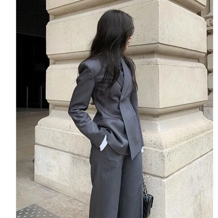 秋冬新款女装套装高级感穿搭小个子职业灰色西装外套阔腿裤两件套