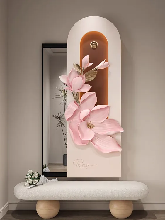 轻奢风暗藏式穿衣镜装饰画现代浮雕隐形推拉全身镜玄关高档镜子画
