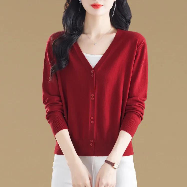 春秋新款v领长袖简约针织开衫女高级感休闲百搭减龄毛衣外套披肩