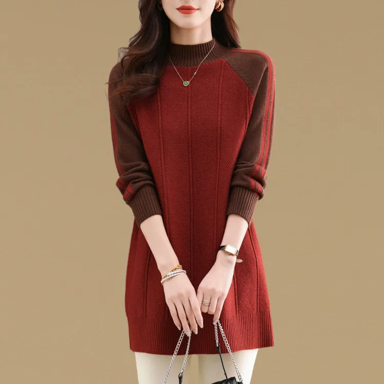 秋冬新款中长款遮屁股毛衣女套头时尚拼色宽松洋气内搭针织打底衫