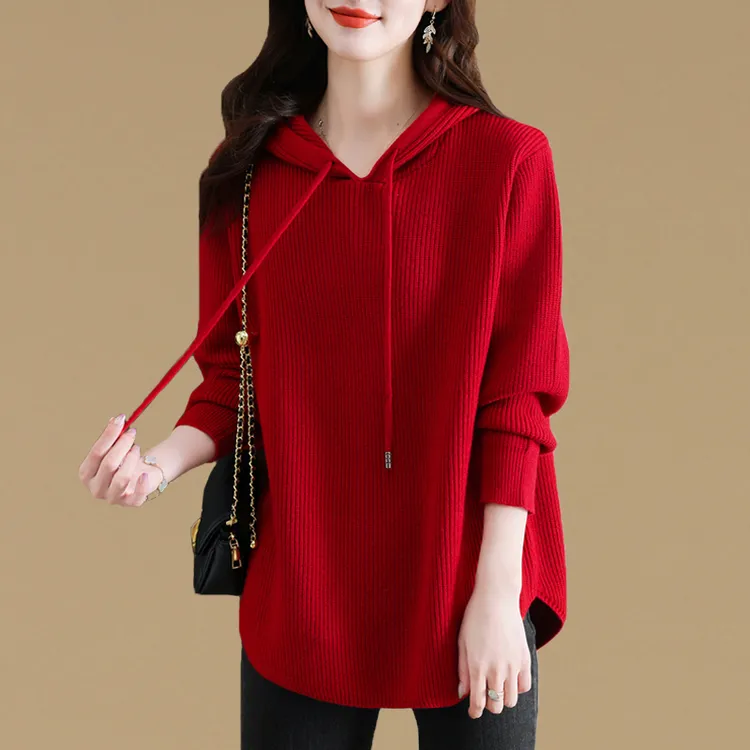 高级感轻奢连帽毛衣女秋冬2025新款帽衫针织打底衫中长款遮屁股厚