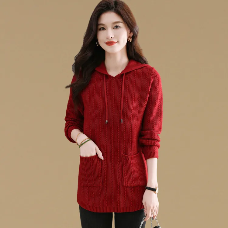 高级感时尚宽松休闲连帽打底毛衣女套头中长款秋冬针织帽衫卫衣厚