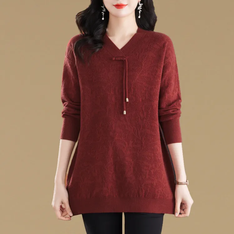 新中式国风大码胖mm长袖中长款毛衣女秋冬宽松遮肚子针织打底衫潮