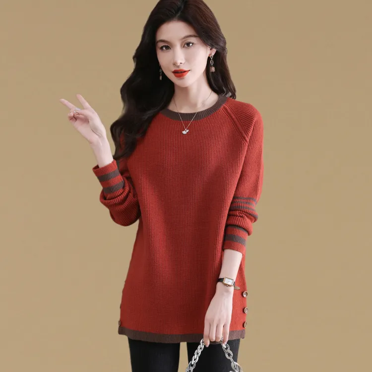 高级感超好看宽松休闲加厚毛衣女中长款秋冬圆领洋气针织打底衫潮