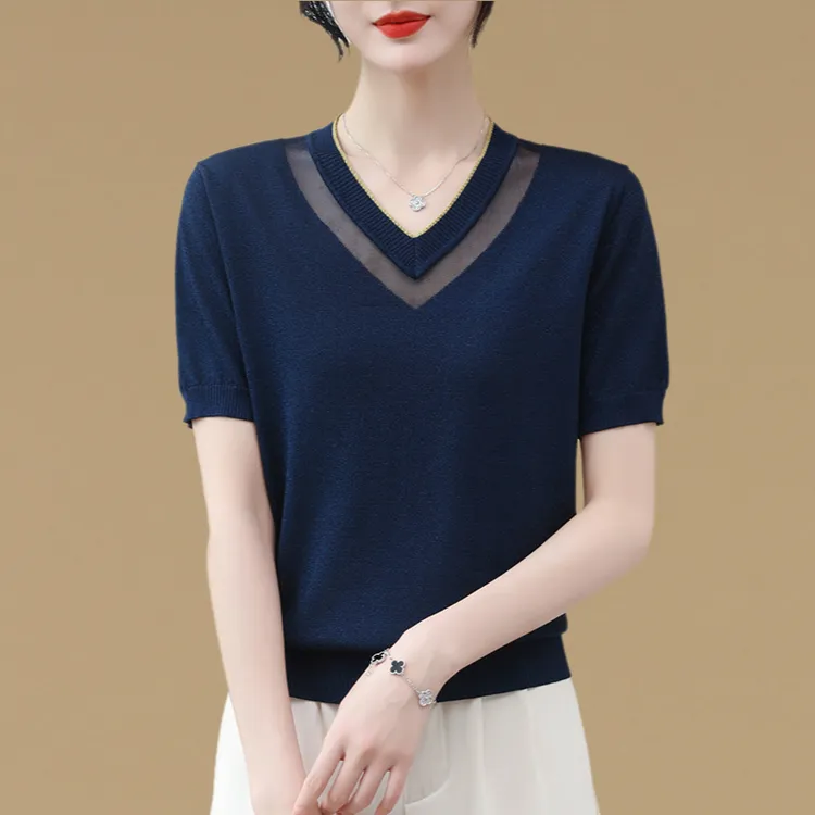 气质冰丝短袖t恤女2025新款洋气时尚网纱v领针织衫上衣宽松体恤薄