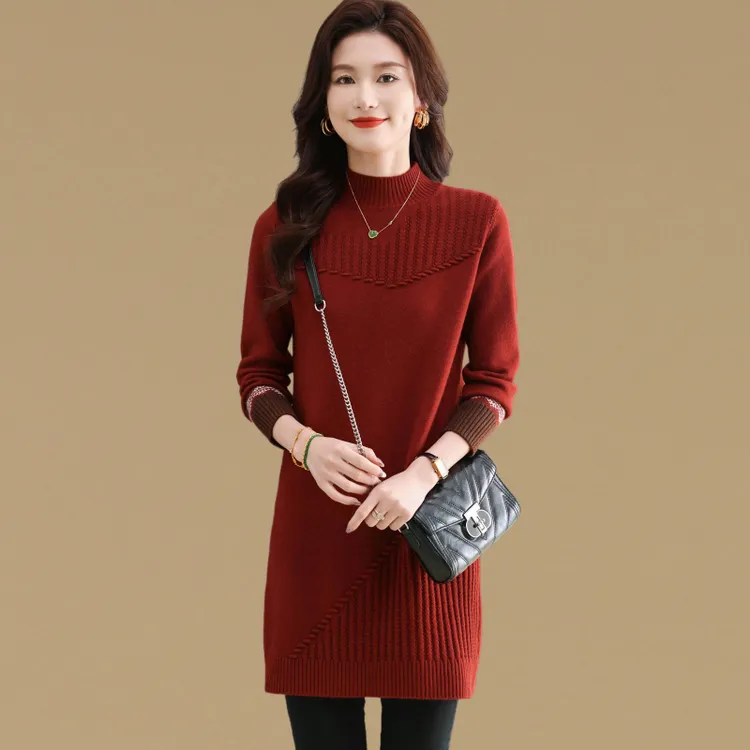 高级感气质大码中长款毛衣女秋冬半高领针织连衣裙加厚内搭打底衫