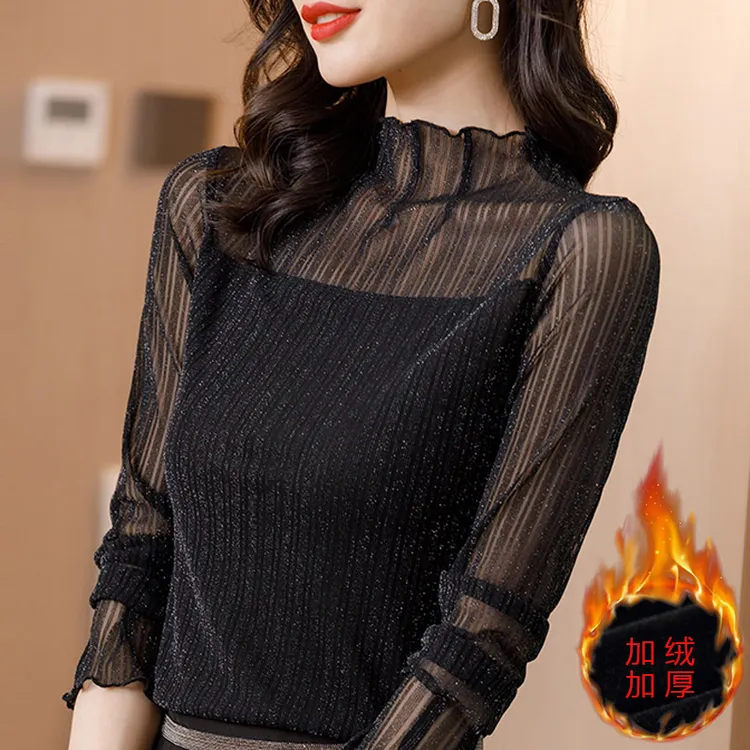 冬季加绒半高领网纱打底衫女亮丝弹力紧身性感蕾丝上衣女保暖内搭
