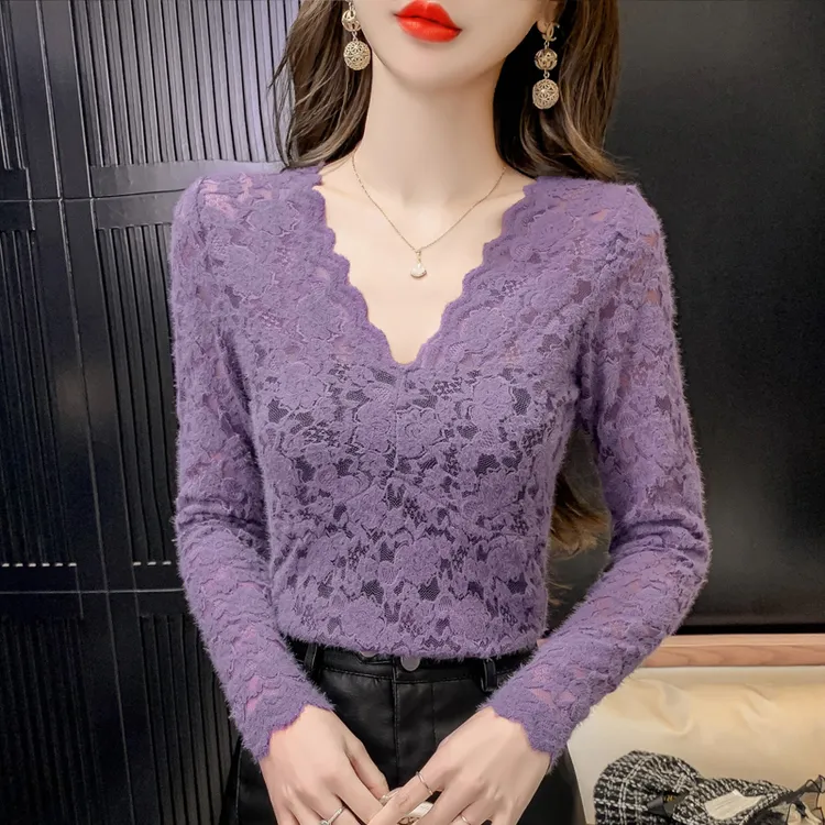 v领蕾丝打底衫女2023秋冬新款加绒内搭洋气小衫V领网纱镂空上衣