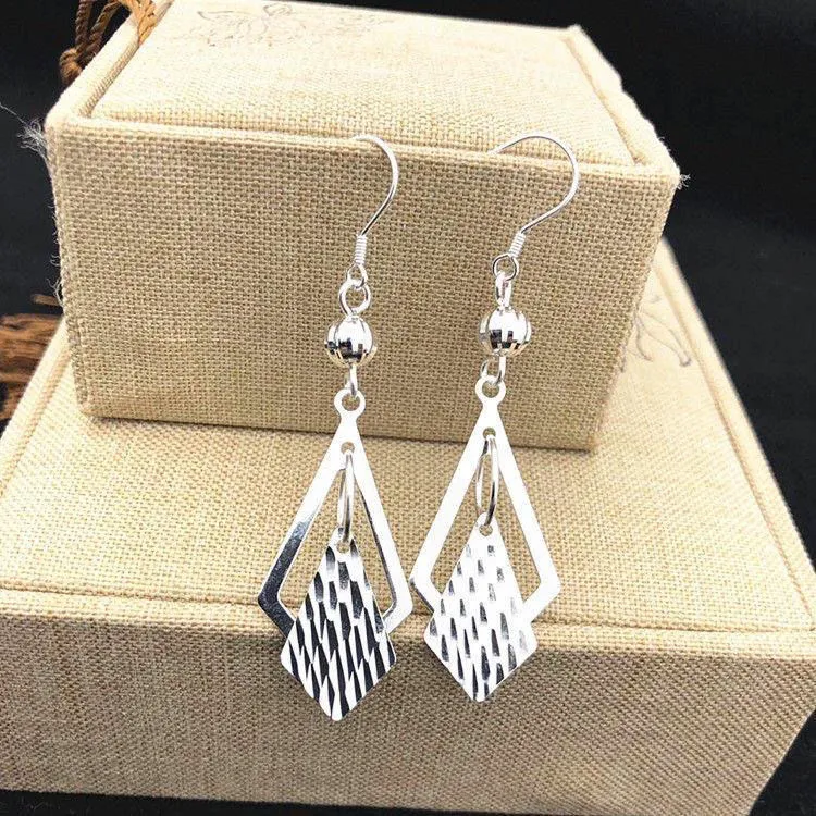足银耳饰 999菱形耳环长短气质超仙大气时尚足银耳坠防过敏送女