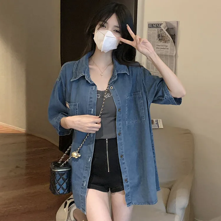 港风设计感小众牛仔短袖衬衫女夏季2024新款薄款别致上衣防晒外套