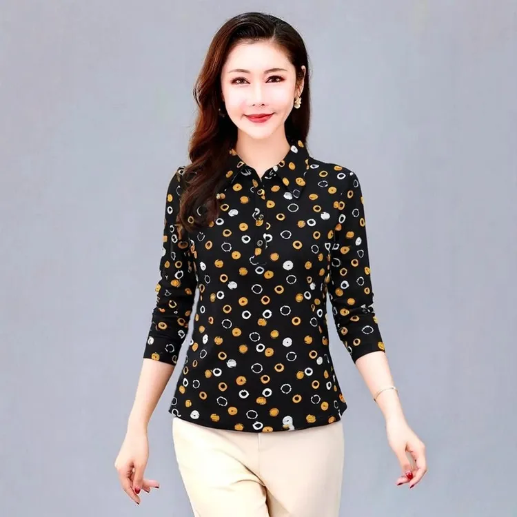 台湾印花网纱上衣薄春秋女装长袖T恤弹力透气质洋气女装妈妈装