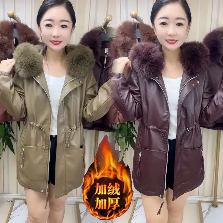 新款大毛领连帽皮衣外套秋冬2025显瘦加绒加厚时尚洋气女款皮夹克