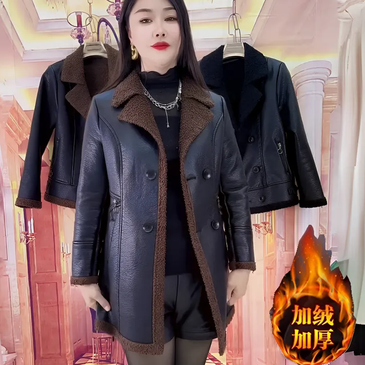 皮毛一体外套女中长款加绒加厚皮衣2025秋冬大码修身显瘦PU皮外套