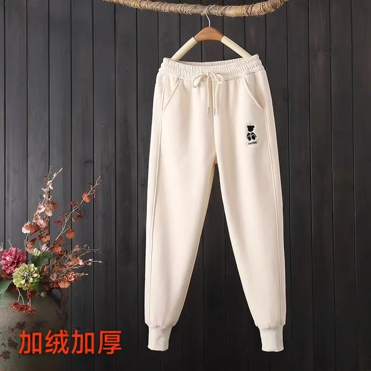 2025秋冬新款顽皮熊刺绣加绒加厚休闲卫裤女宽松束脚休闲运动裤子