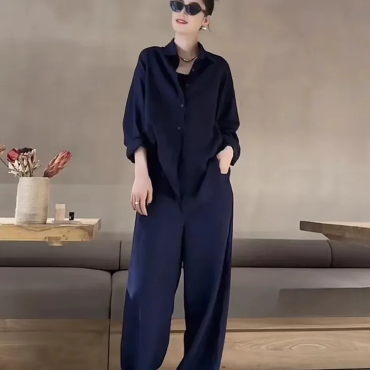 极简风时尚通勤套装女气质高级感慵懒感宽松衬衫休闲阔腿裤两件套