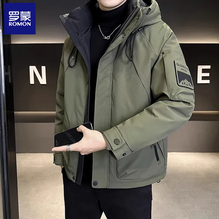 罗蒙男士加厚帅气连帽冬装外套冬季新款白鸭绒工装保暖轻薄羽绒服