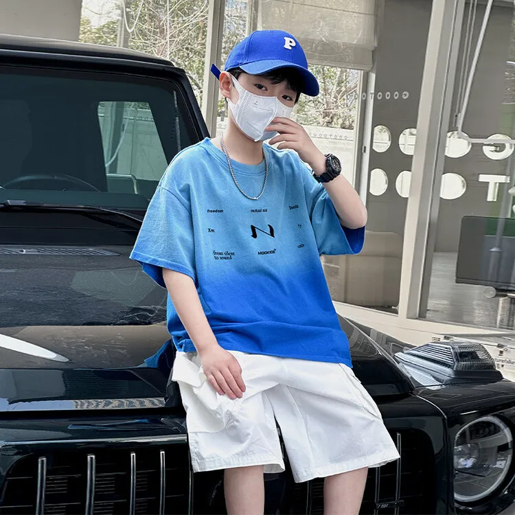 男童短袖体恤渐变儿童夏装6-12岁2024新款潮痞帅炸街大童夏季韩版