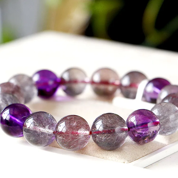 玺贵人高品质超七水晶手链单圈13mm左右稀有大颗粒紫发晶超七