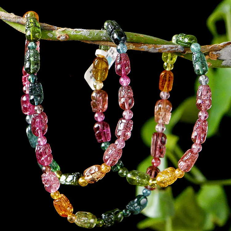 玺贵人高品质碧玺貔貅手链多圈彩虹碧玺貔貅精工雕刻彩色宝石手链