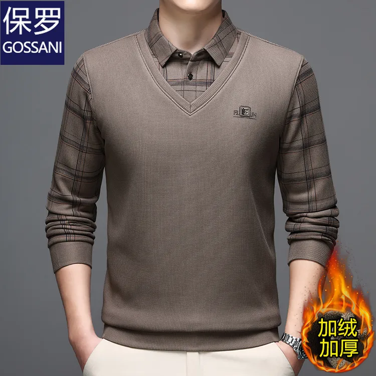 保罗男士秋冬季加绒加厚假两件Polo衫翻领商务休闲中青年保暖上衣