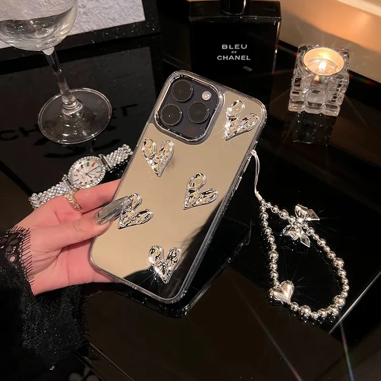ins电镀爱心补妆镜苹果15promax手机壳iPhone13/12奢华高级14pro
