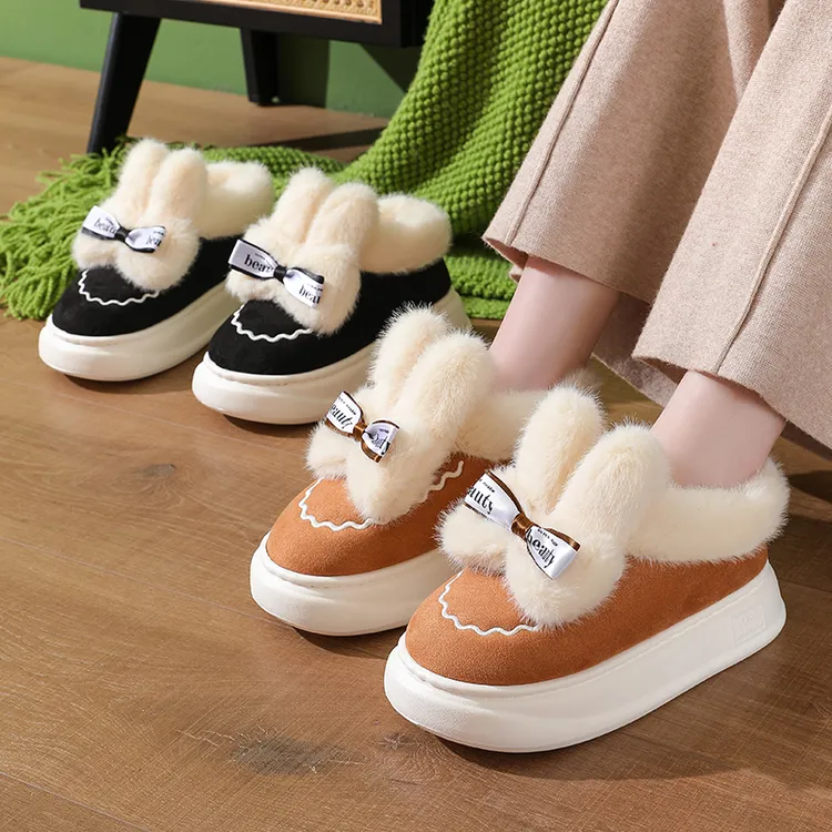 秋冬季外穿加厚防滑女士加绒学生毛绒女孩厚底包跟居家保暖棉鞋