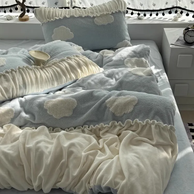 韩系少女心奶油花边拼接提花牛奶绒冬季四件套加厚床单被套三件套