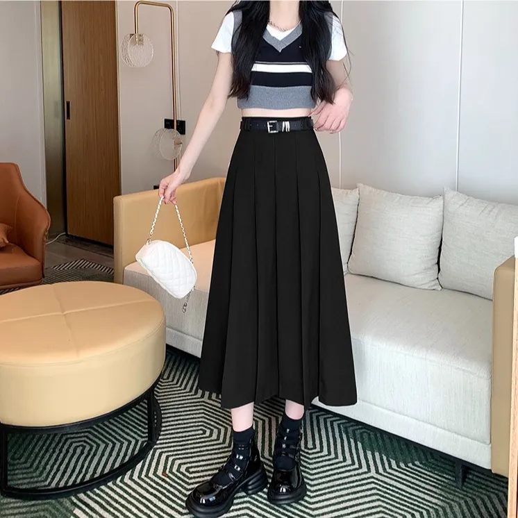 灰色西装半身裙女春秋2025新款高腰垂感中长款小个子a字百褶长裙 