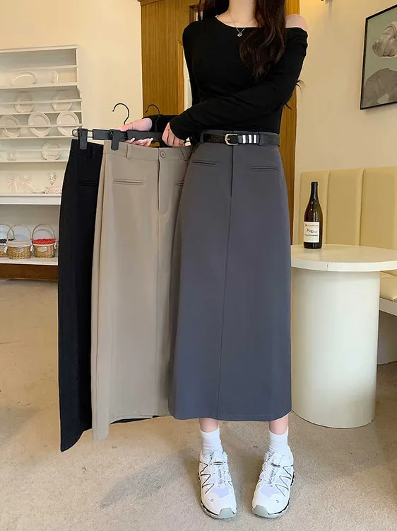 大码中长款灰色a字裙高腰西装半身裙2025春秋女小个子显瘦包臀裙