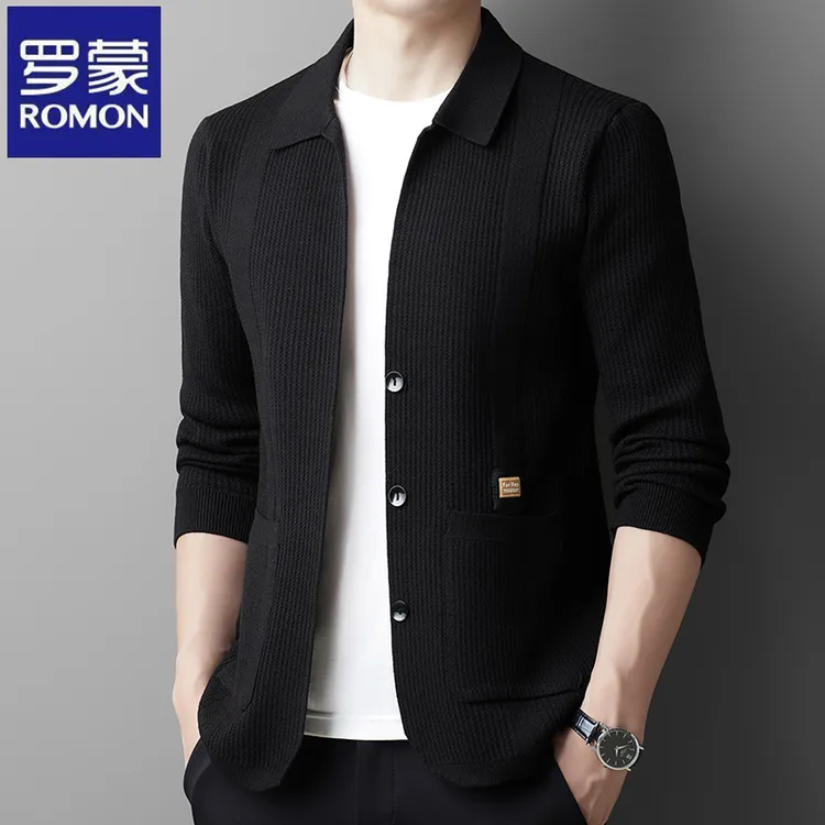 罗蒙商务男士高档提花针织开衫春秋季韩版休闲长袖翻领时尚外套潮